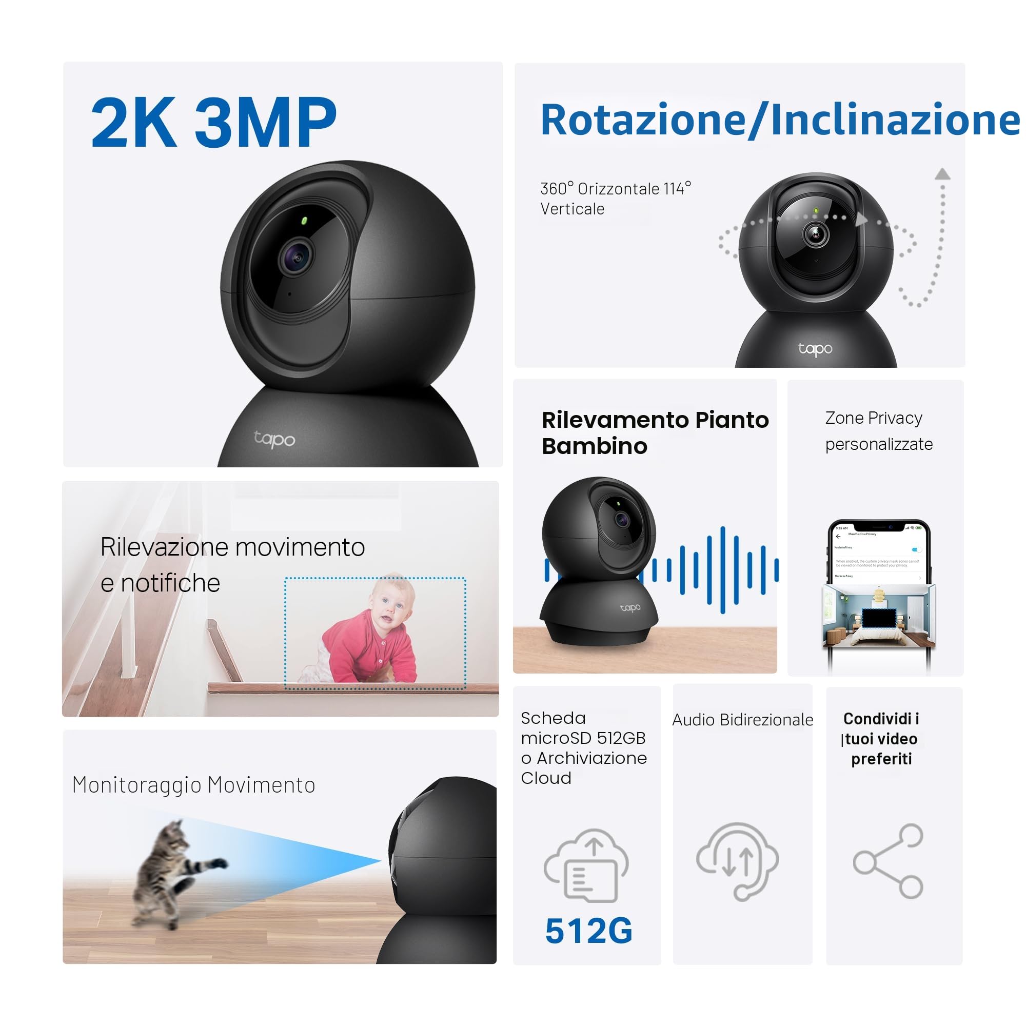 Tapo C211 Telecamera Wi-Fi Interno 2K Nera Pan Tilt