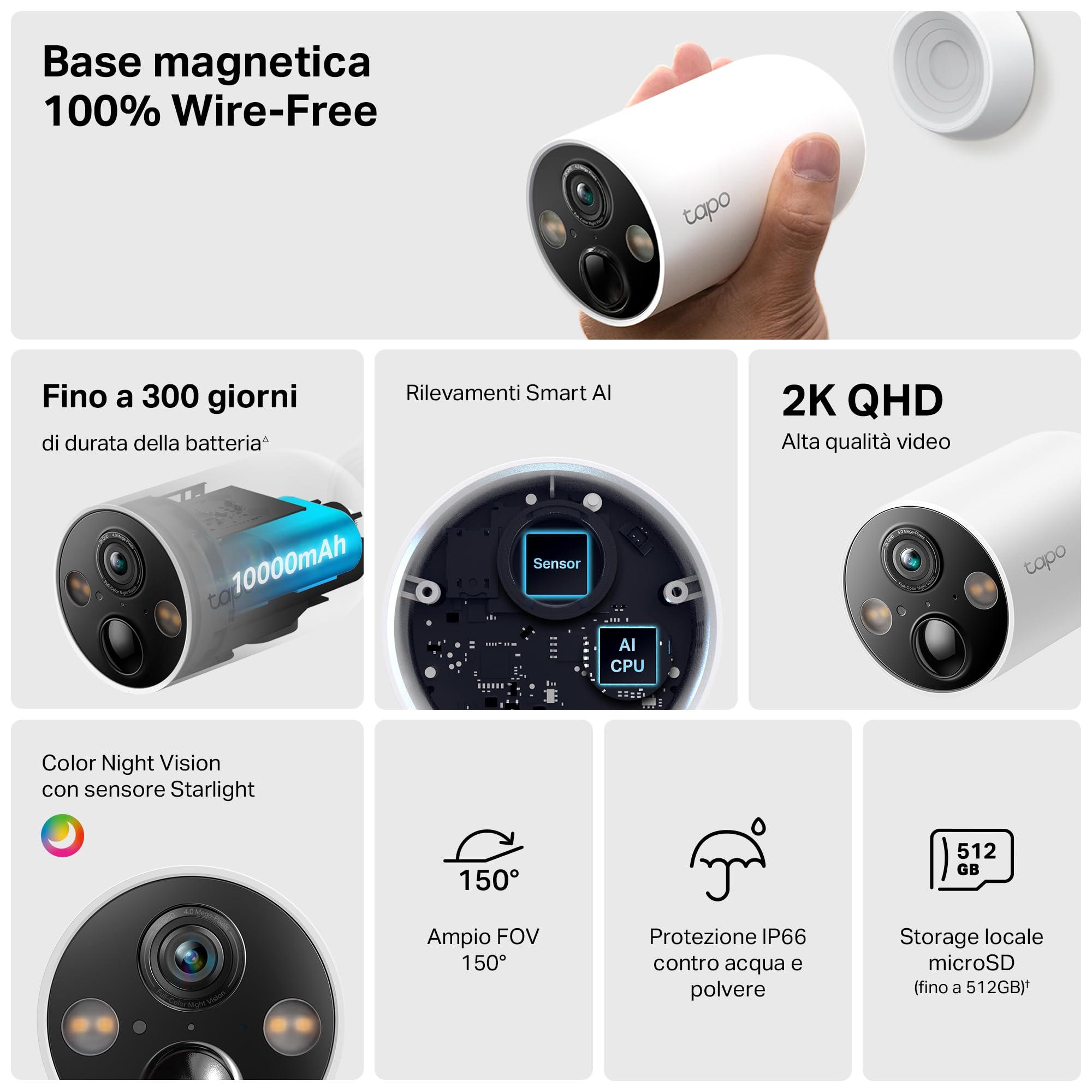 Tapo C425 Telecamera Batteria Bianco Neve 2K 150°