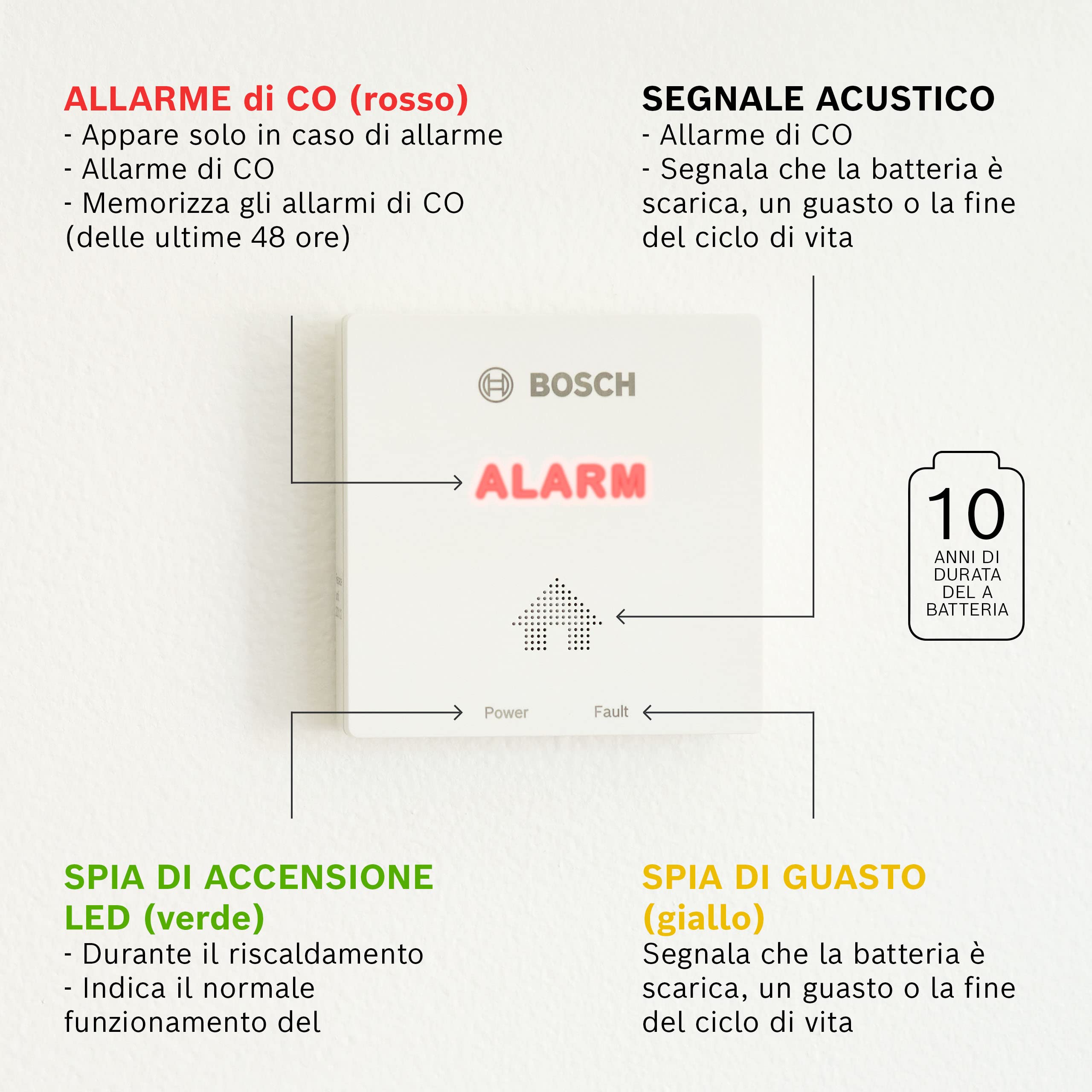 Bosch D-CO rilevatore monossido carbonio batteria 8 anni