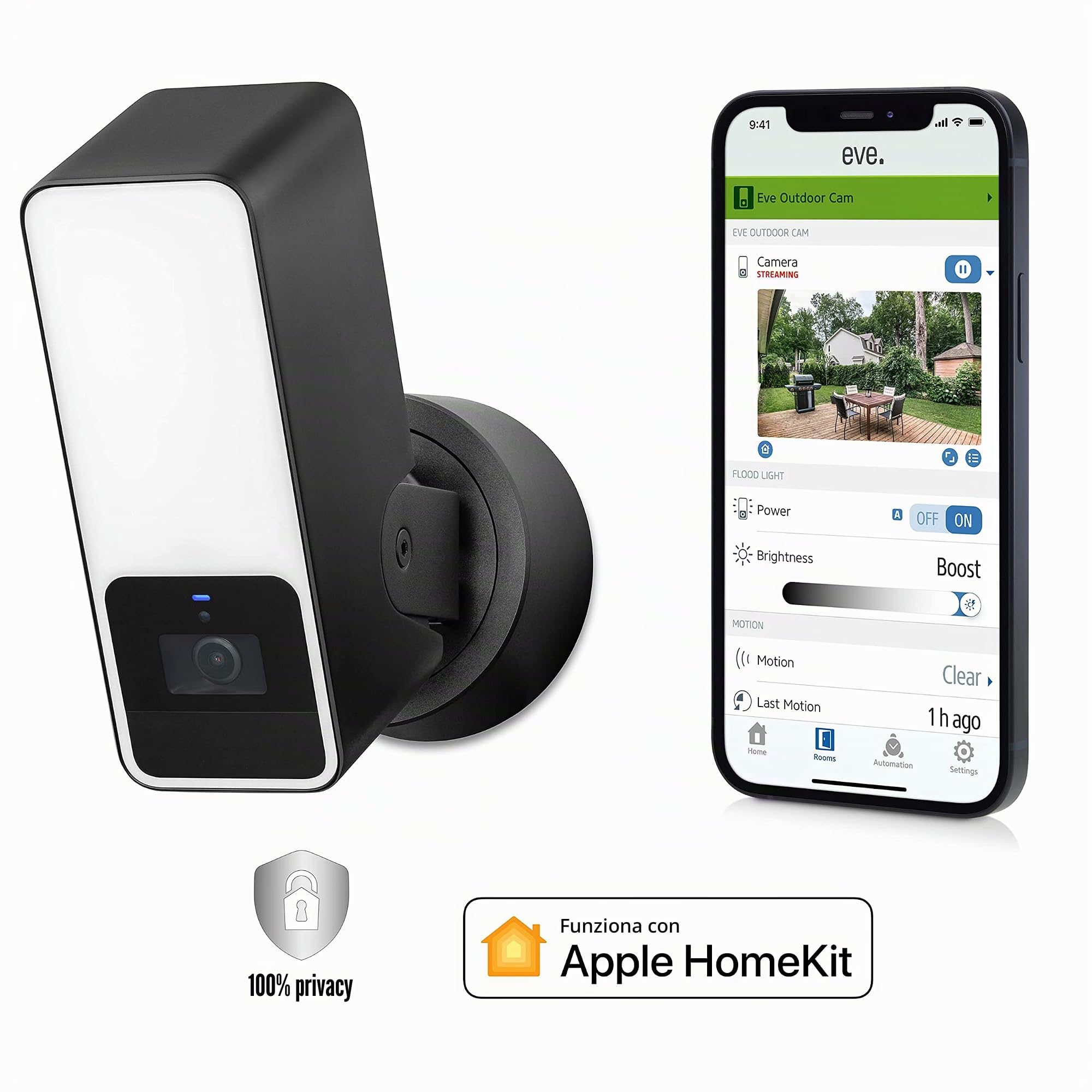 Eve Outdoor Cam telecamera esterno nera con faretto